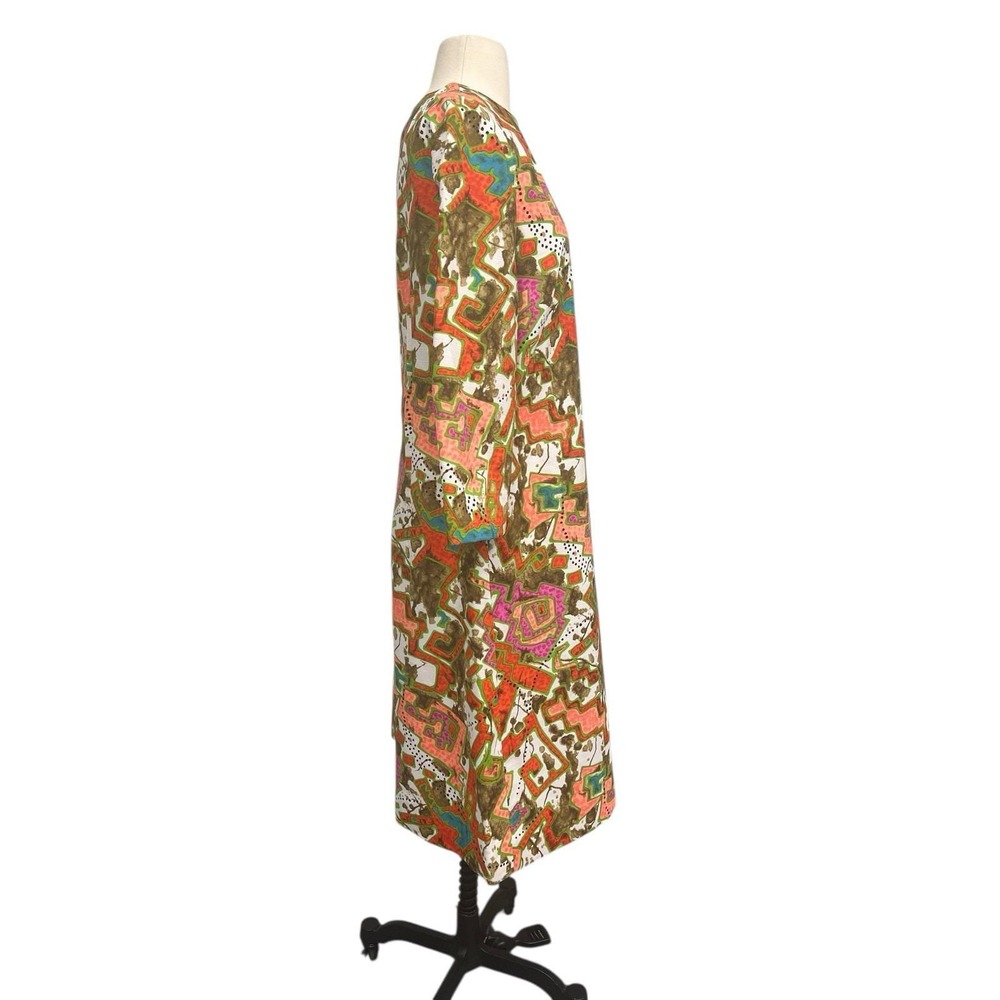Vintage Handmade Mod Print 60s 70s Bark Cloth Long Sleeve Dress- Large ? - Picture 2 of 5